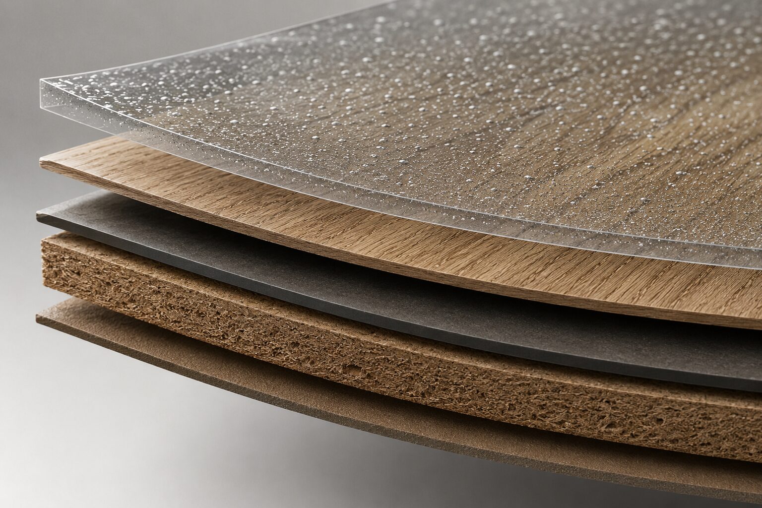 Hình minh họa cấu trúc bề mặt laminate với các hạt nhôm oxit siêu nhỏ được tích hợp trong quá trình sản xuất, giúp tăng khả năng kháng trầy xước và mài mòn.